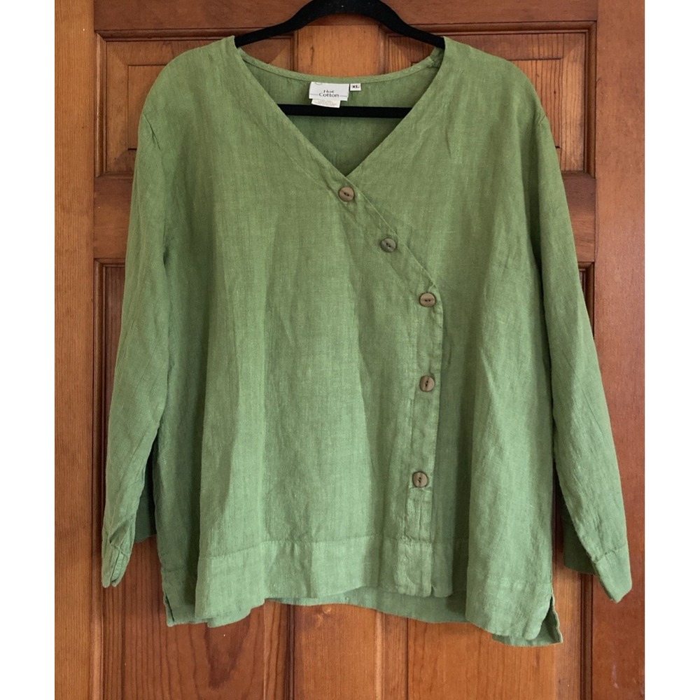 Hot Cotton Womens XL Green 3/4 Sleeve Button Up Linen Shirt Laganlook Minimalist